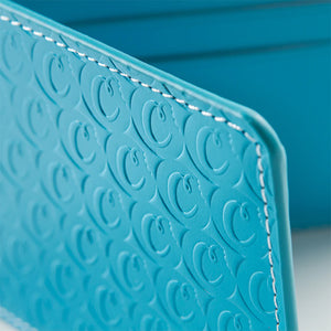 Cookies Embossed Billfold Leather Wallet Blue Cookies Logo Close Up